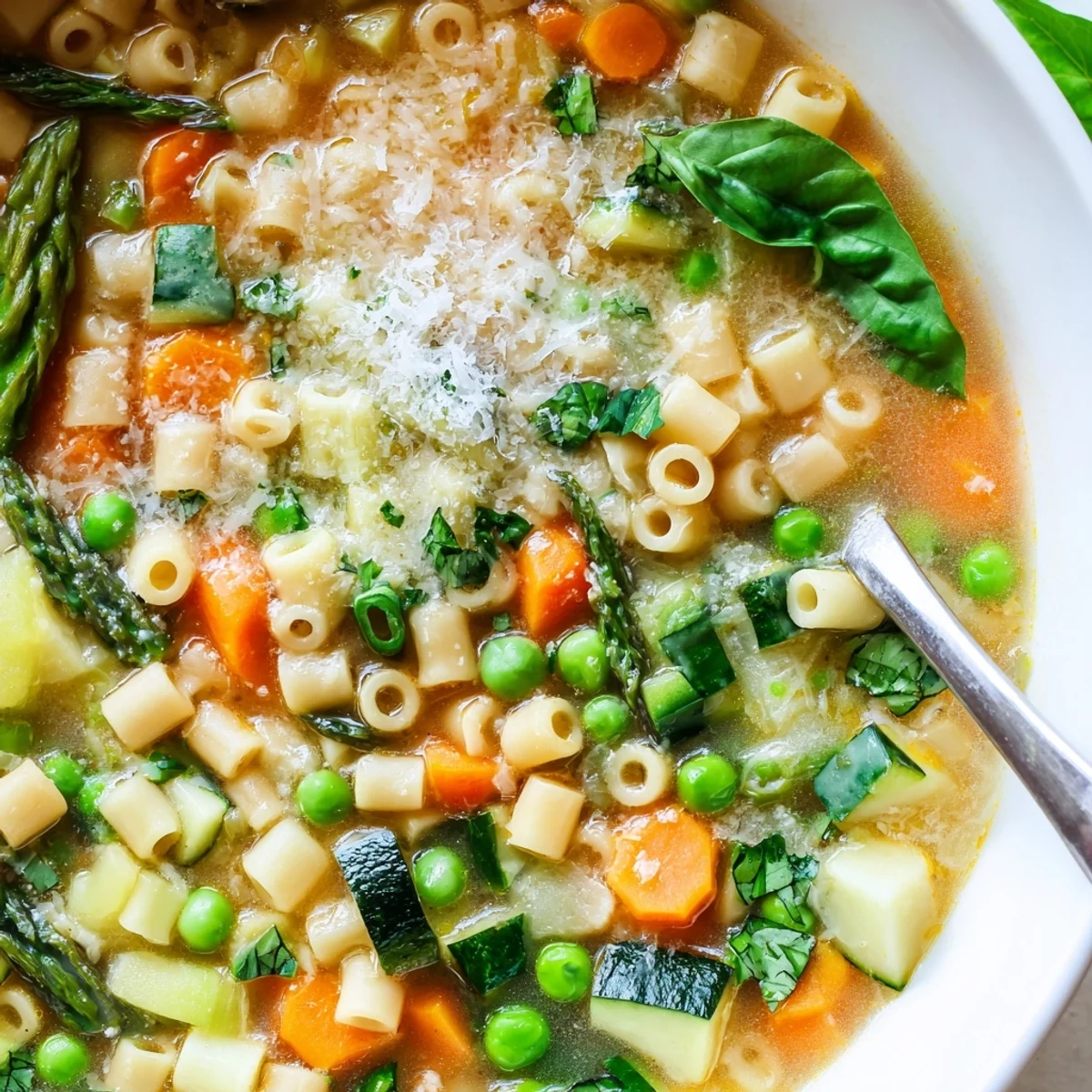 Hearty spring minestrone soup simmered with cannellini beans, asparagus, and ditalini in vegetable broth.