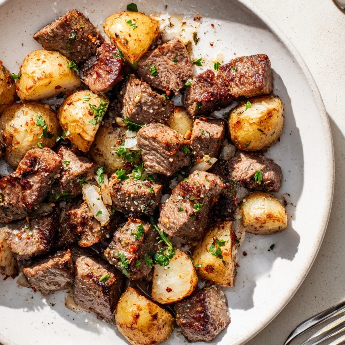 Skillet sizzling Garlic Steak Bites and Potatoes Recipe served with parsley.