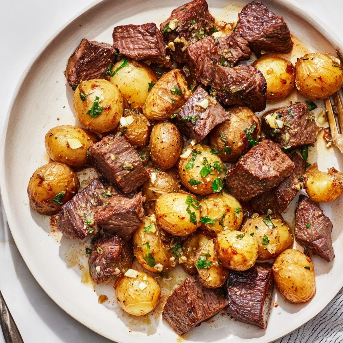 Hearty weeknight Garlic Steak Bites and Potatoes Recipe plated with lemon.