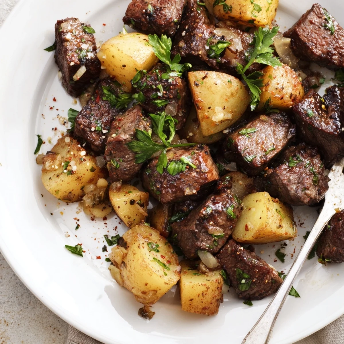 Golden crisp potatoes and tender steak in Garlic Steak Bites and Potatoes Recipe.