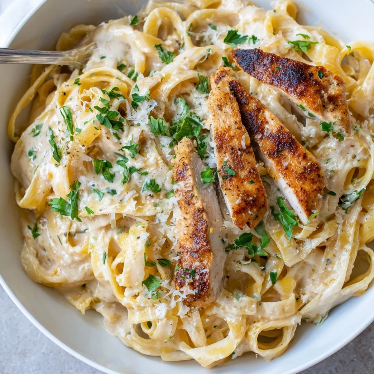 Creamy Garlic Chicken Pasta steaming in bowl, tender chicken and silky sauce