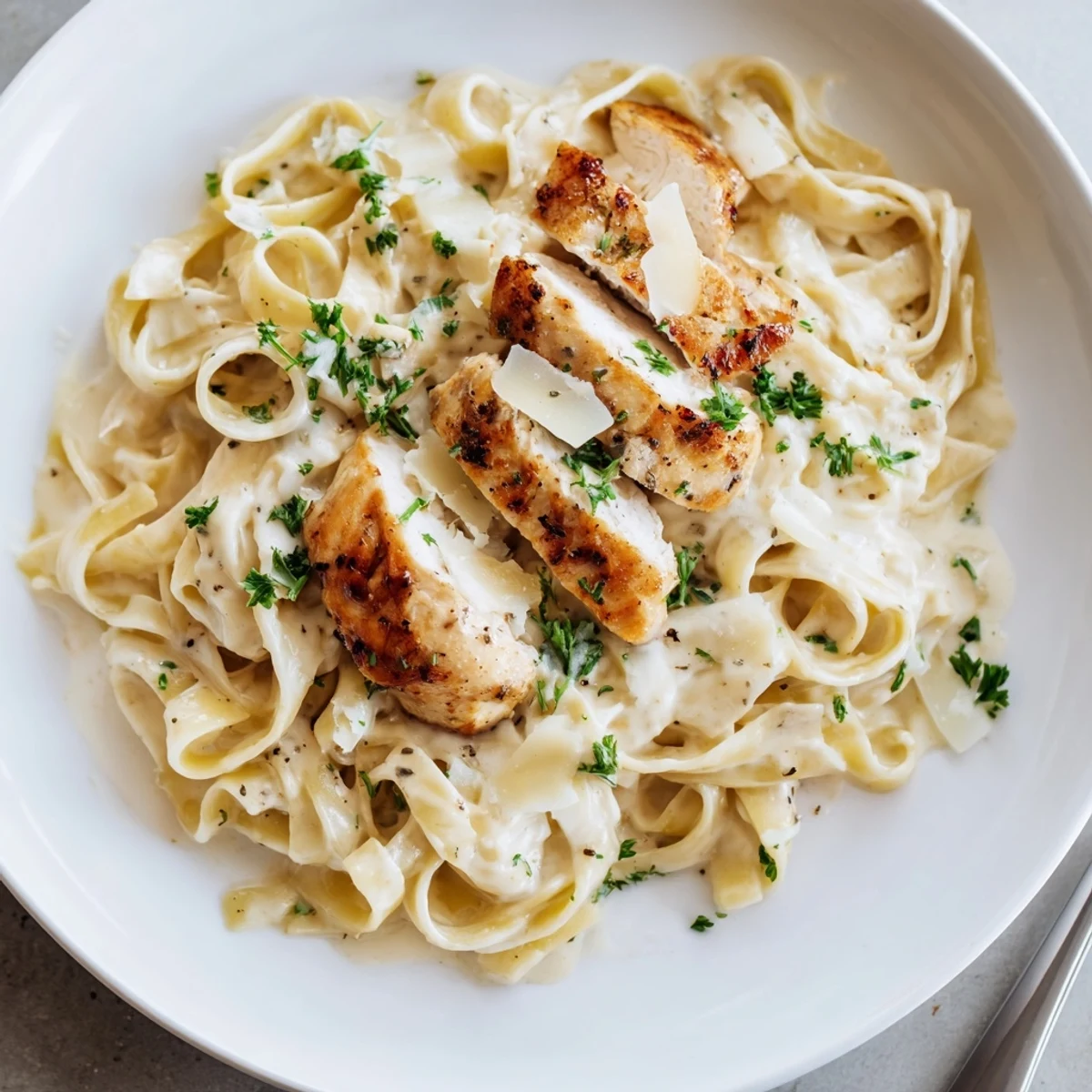 Comforting Creamy Garlic Chicken Pasta plated with al dente fettuccine, fragrant garlic
