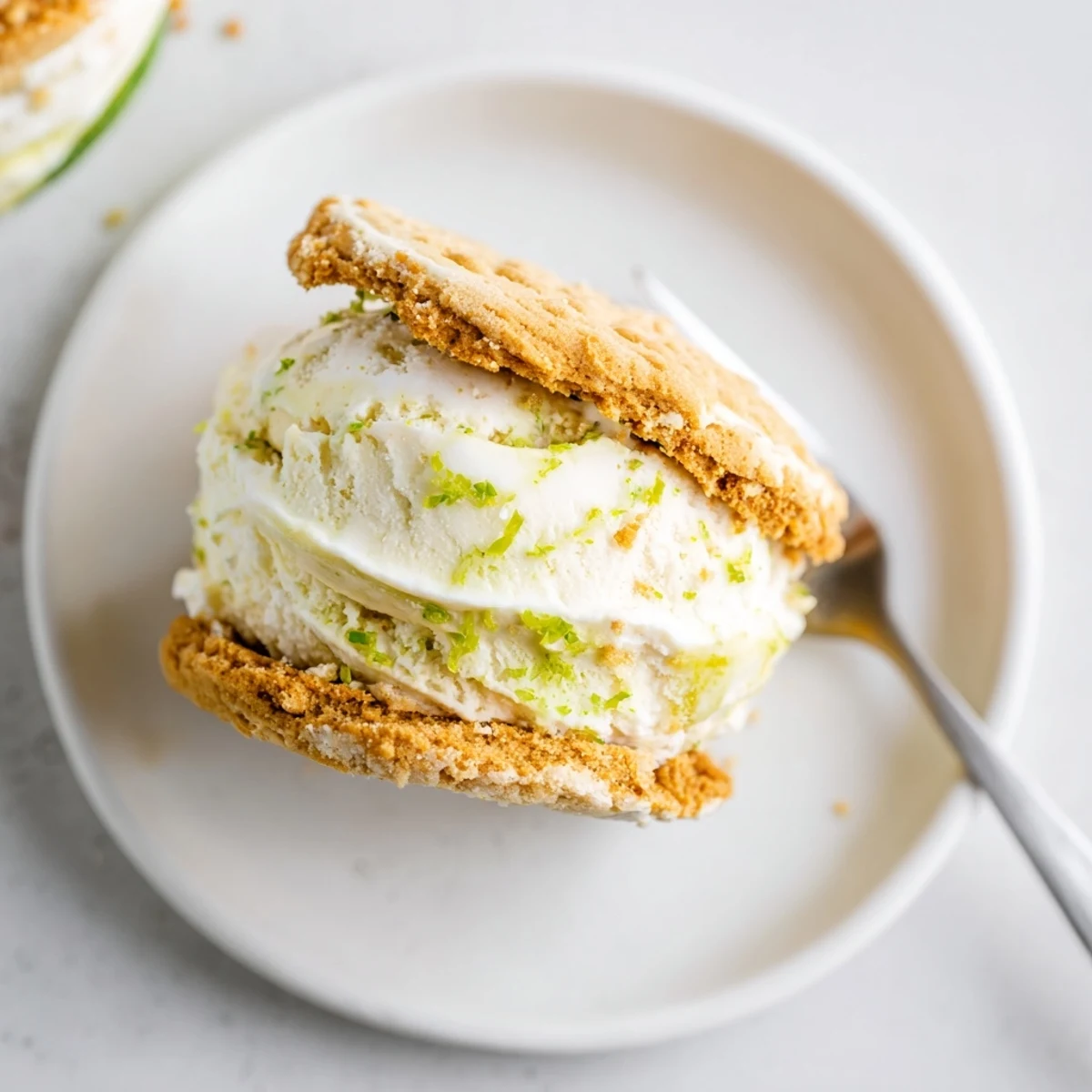 Key Lime Pie Ice Cream Sandwiches on parchment, zesty lime filling and crumbs