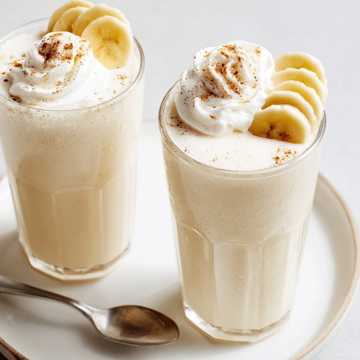 Frothy Vanilla Banana Shake blended with maple syrup, garnished with banana slices