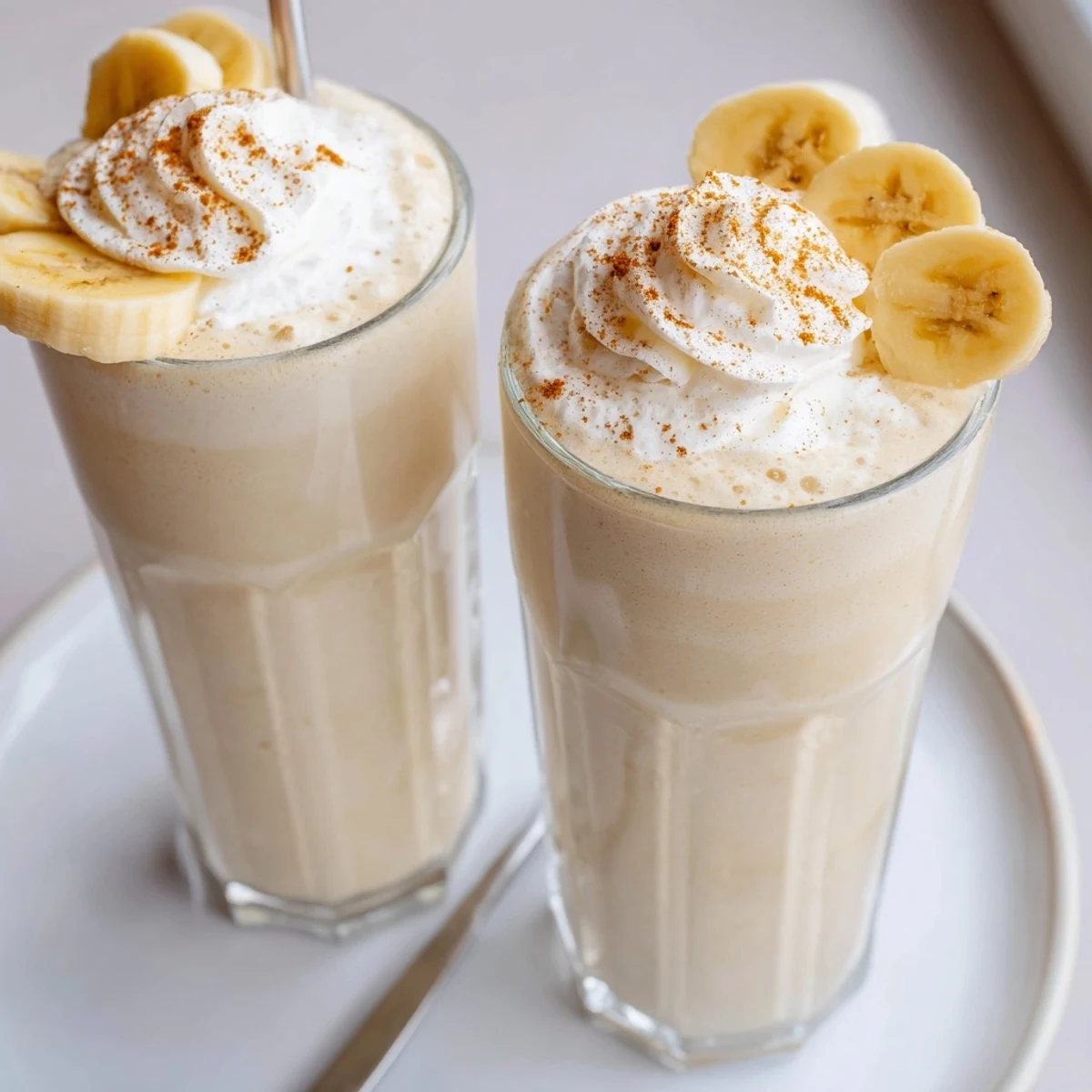 Creamy Vanilla Banana Shake in chilled glass topped with whipped cream
