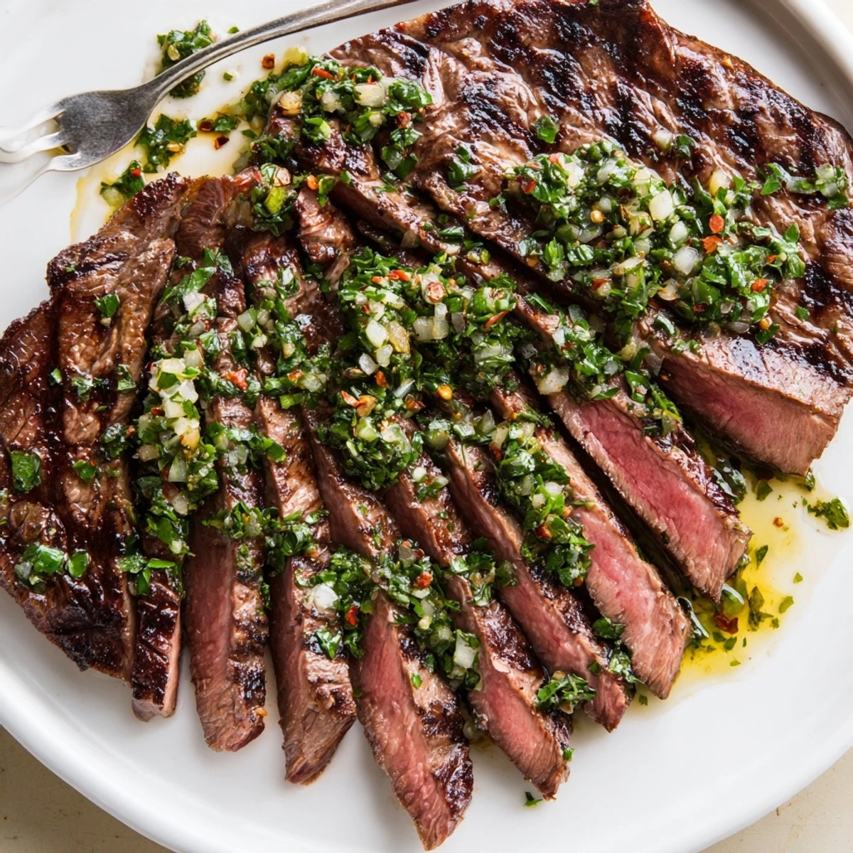 Grilled Chimichurri Steak Recipe plated with bright herb sauce and charred edges
