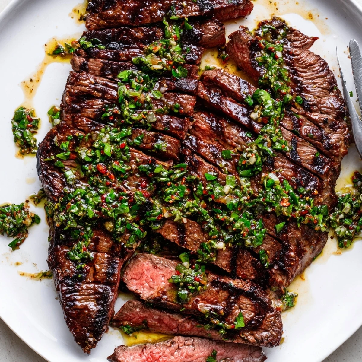 Sliced Chimichurri Steak Recipe resting under foil, juicy pink center revealed