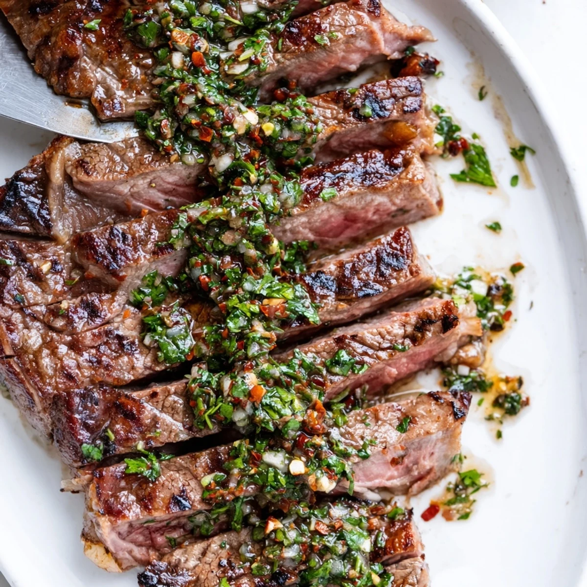Weeknight Chimichurri Steak Recipe served with extra sauce and lemon wedges