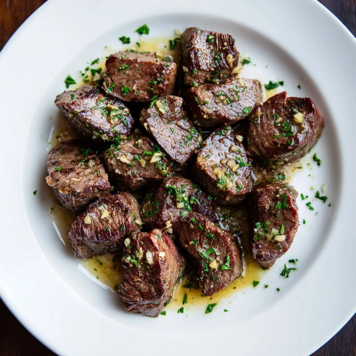 Bold Cowboy Butter Steak Bites garnished with herbs, lemon zest, served with potatoes.