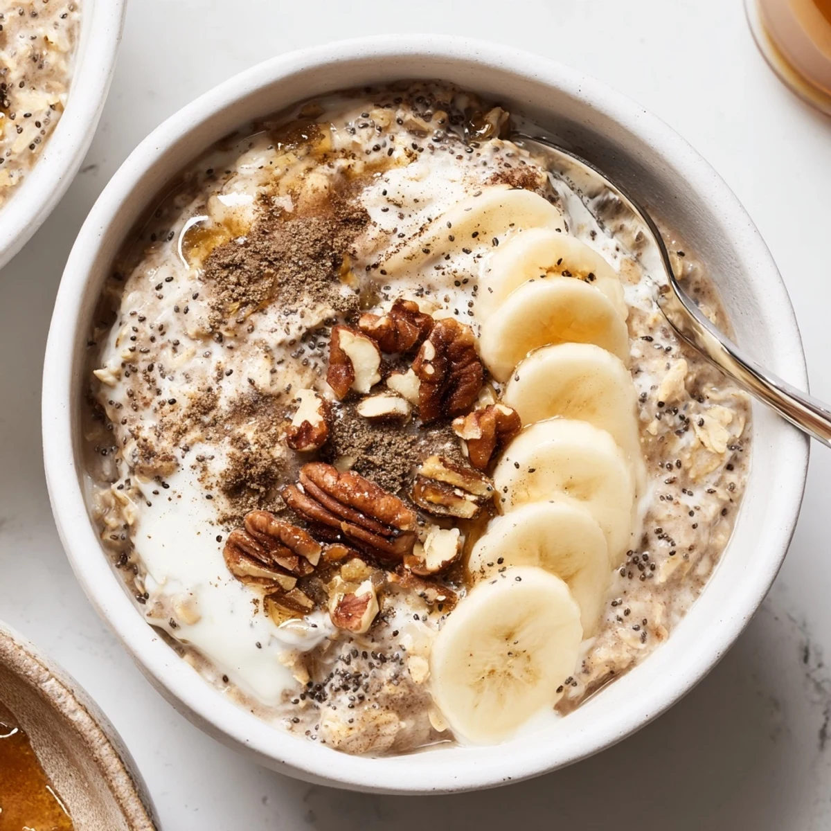 Creamy Brown Sugar Coffee Overnight Oats topped with banana and toasted pecans