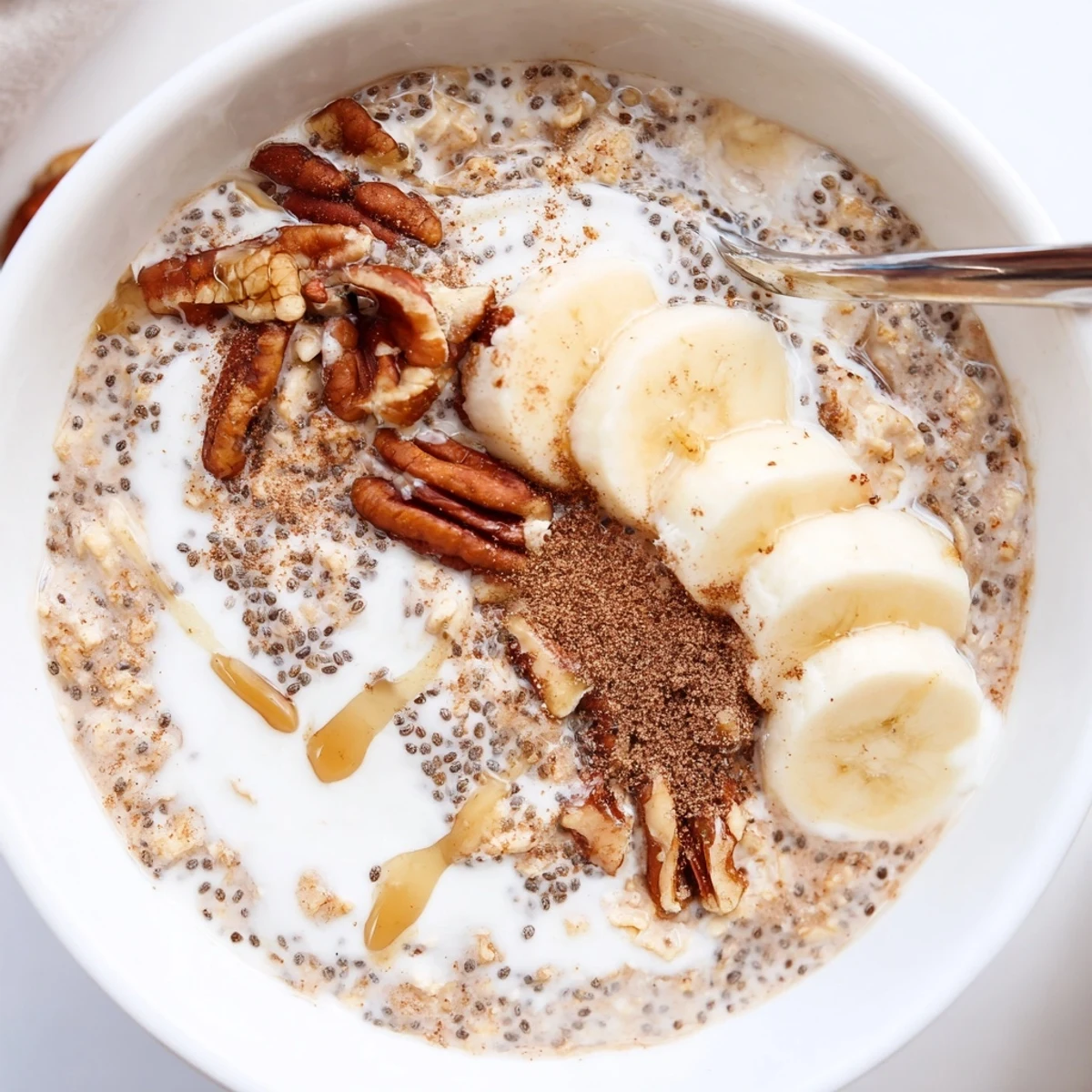 Velvety Brown Sugar Coffee Overnight Oats with maple swirl and crunchy nuts