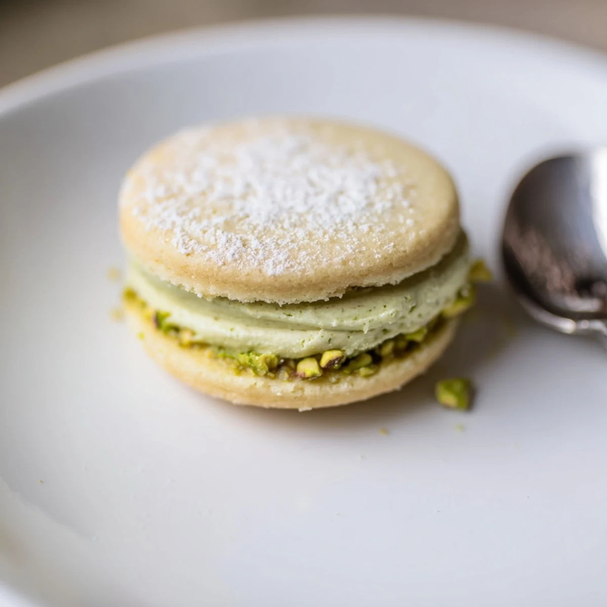 Pistachio Cream Cookies Recipe stacked, creamy filling visible, chopped pistachio garnish