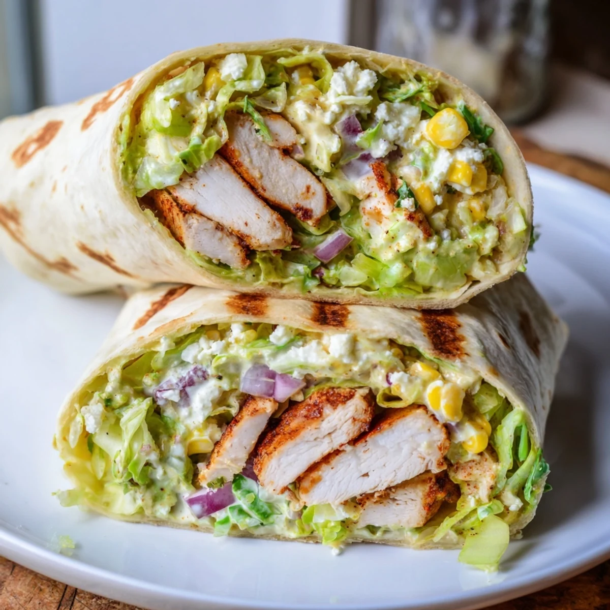 Quick Mexican Street Corn Chicken Wraps bursting with creamy cotija, charred corn