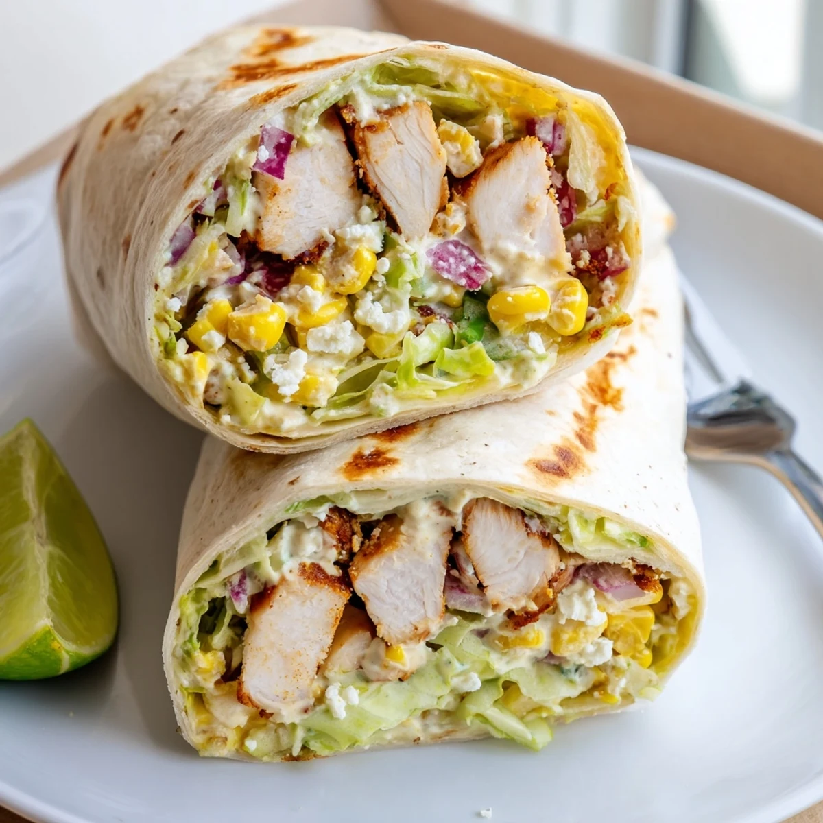 Grilled Quick Mexican Street Corn Chicken Wraps sliced, served with lime wedges