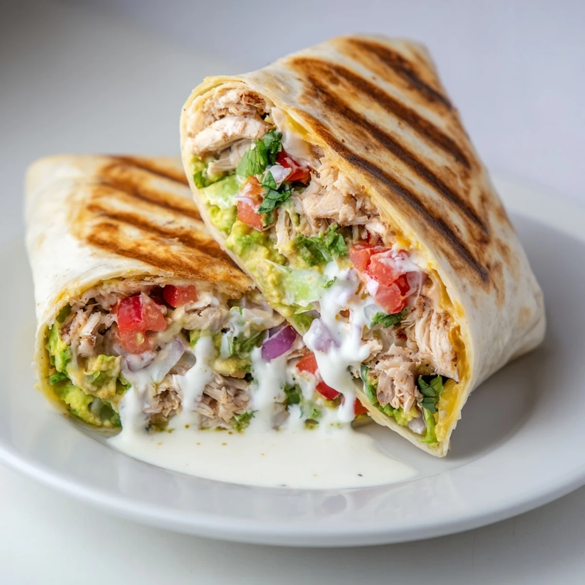 Warm Chicken Avocado Ranch Burritos sliced to show creamy avocado and melted cheese