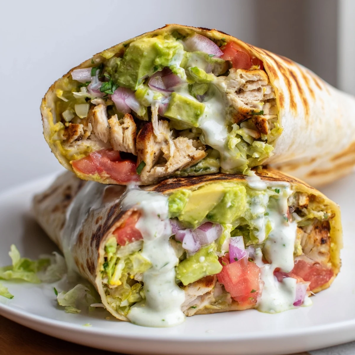 Quick weeknight Chicken Avocado Ranch Burritos drizzled with extra ranch, ready to eat