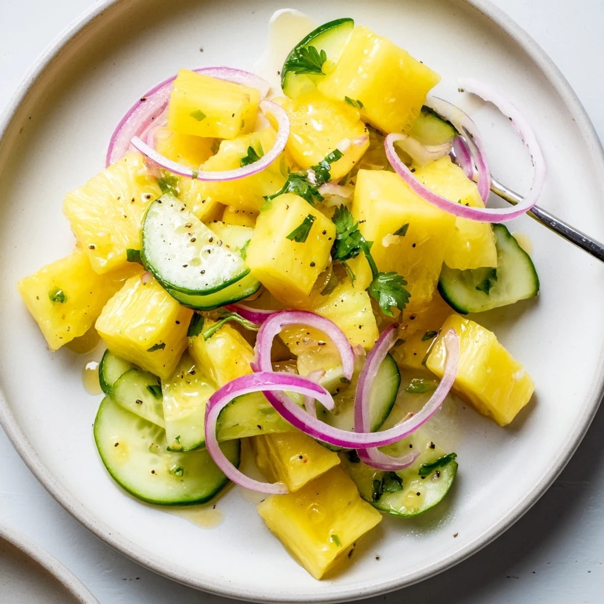 Pineapple Cucumber Salad with juicy chunks, cool cucumber ribbons, bright lime aroma.