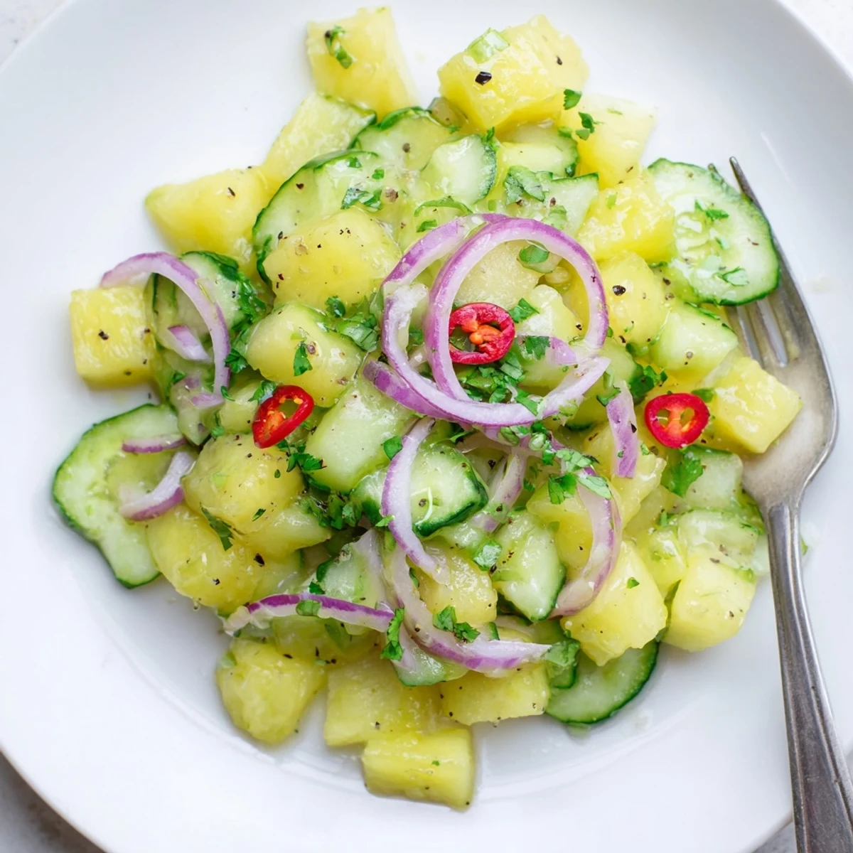 Pineapple Cucumber Salad tossed with cilantro, red onion, and spicy sliced chili.