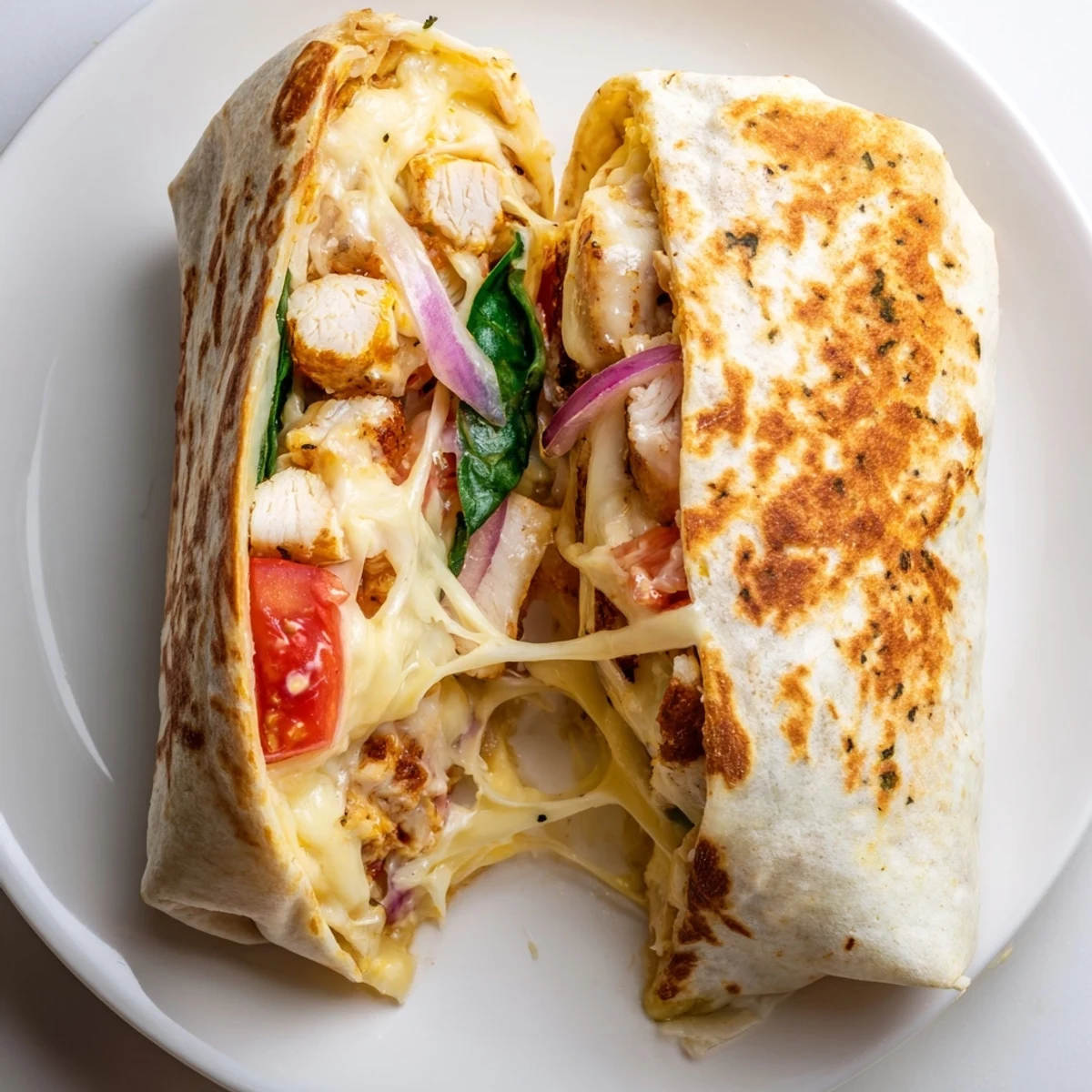 Sliced on a board, Cozy Cheesy Garlic Chicken Wraps reveal gooey, savory filling