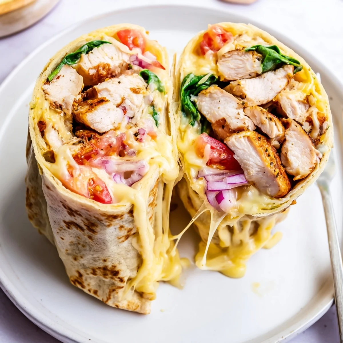 Warm Cozy Cheesy Garlic Chicken Wraps with melted mozzarella, golden pan-grilled crust