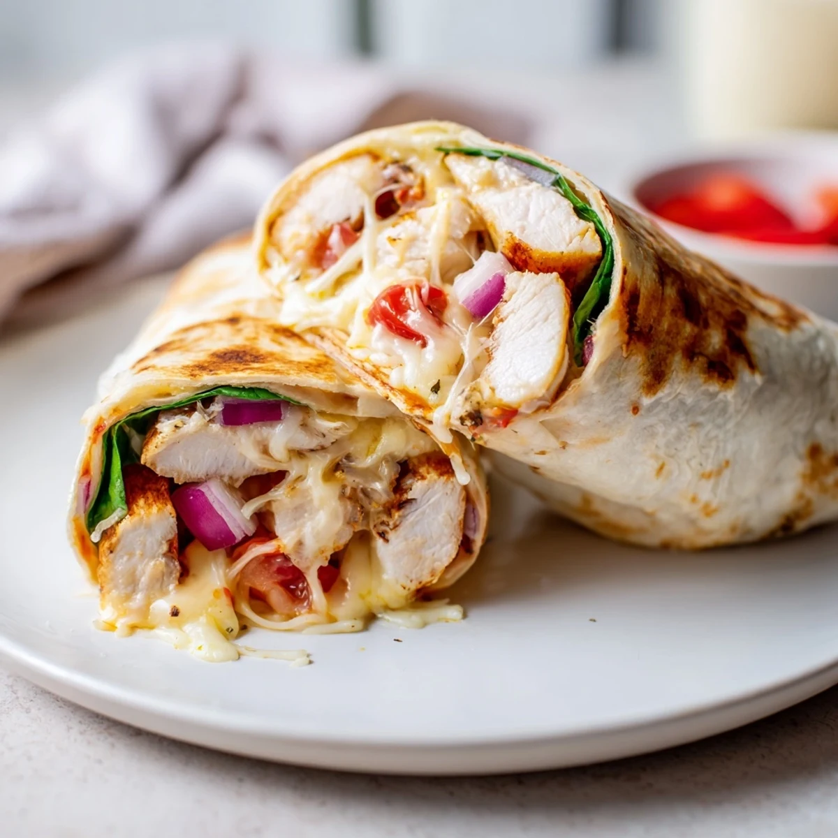 Serve Cozy Cheesy Garlic Chicken Wraps hot with sour cream or crisp salad