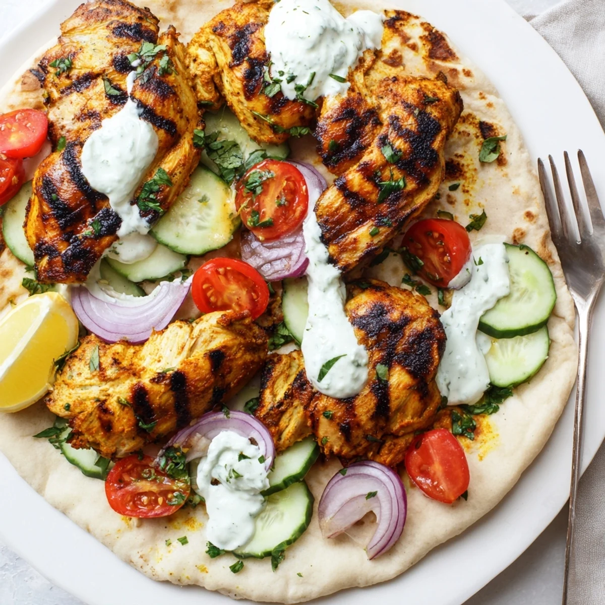 Sliced Shawarma Chicken With Garlic Sauce glistening with spices, served with fresh parsley