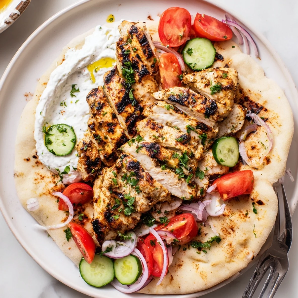 Grilled Shawarma Chicken With Garlic Sauce piled in warm pita, charred edges