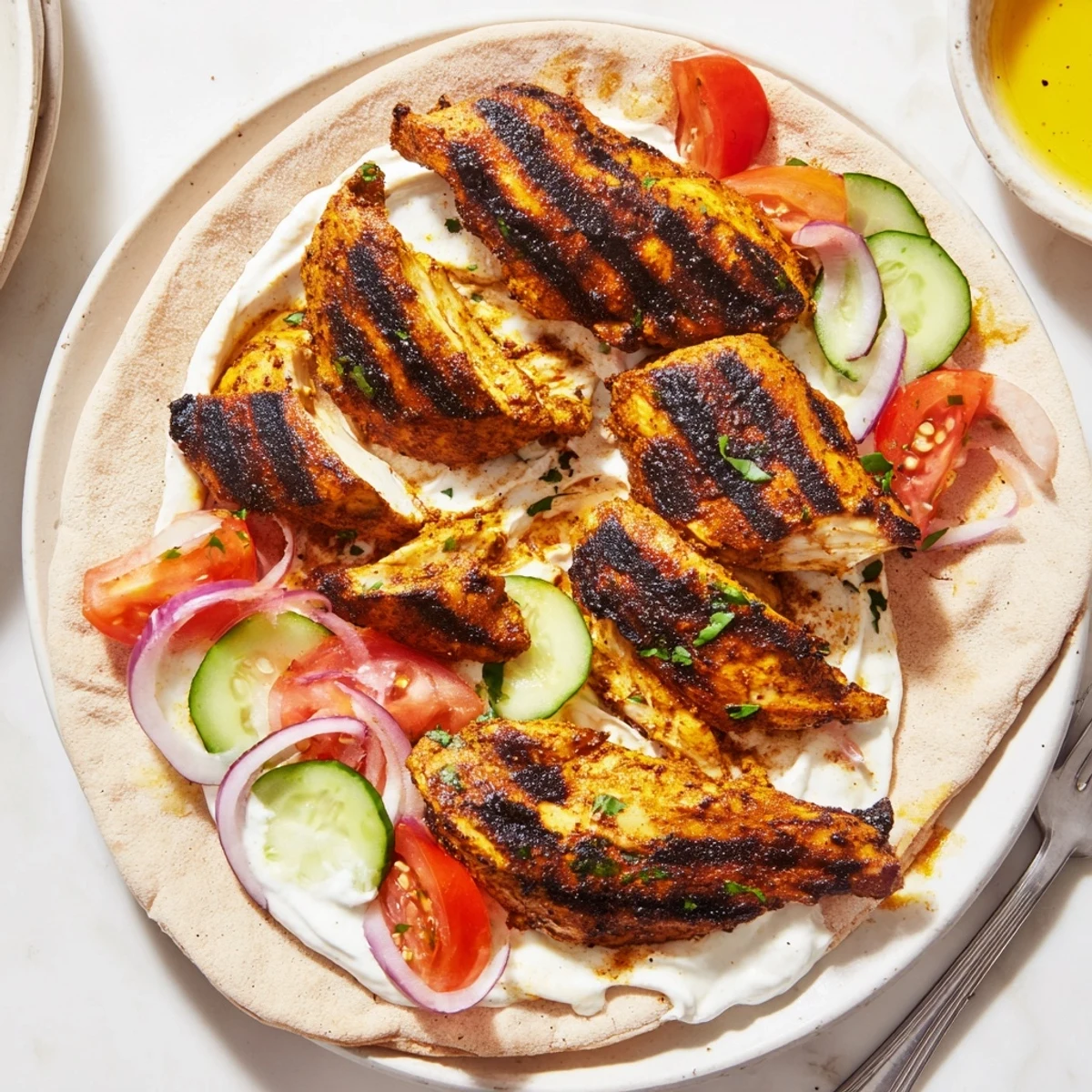 Juicy Shawarma Chicken With Garlic Sauce on rice, creamy toum drizzled generously