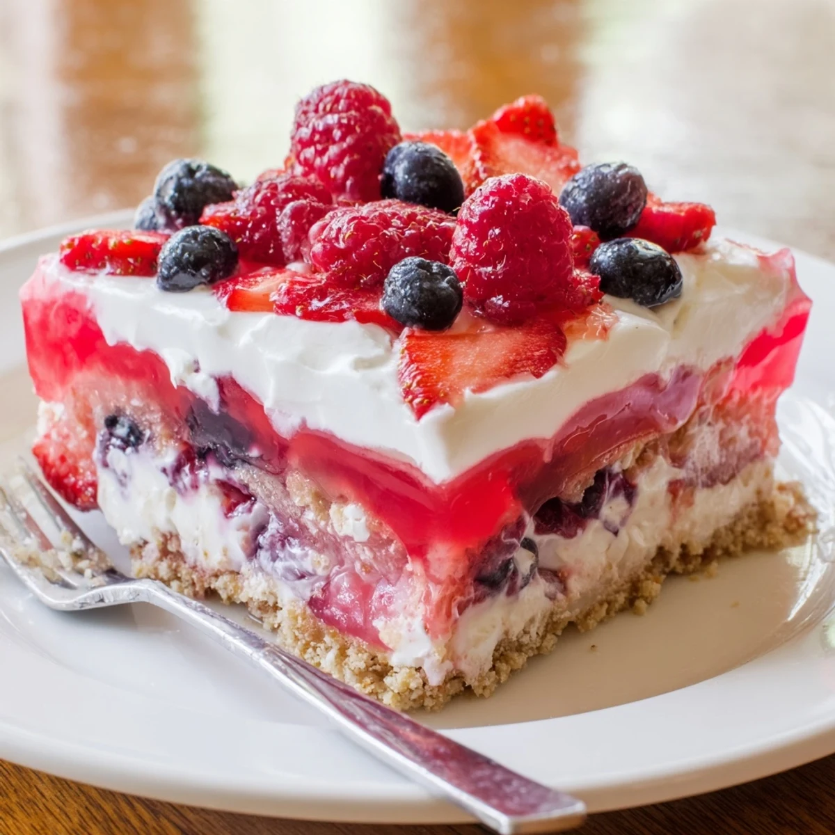 Sliced Summer Berry Jello Lasagna topped with whipped cream and vibrant fresh berries