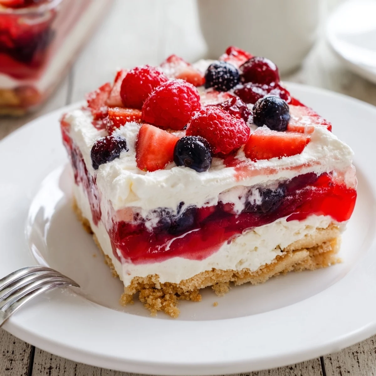 A picnic ready Summer Berry Jello Lasagna showing jewel toned berries and silky filling