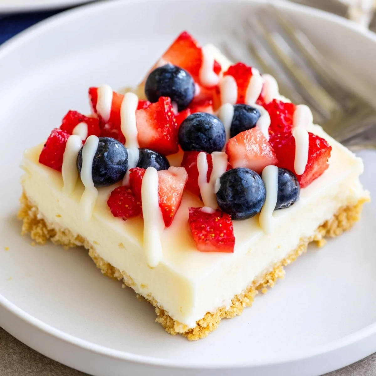 Patriotic Cheesecake Bars with juicy strawberries and blueberries on buttery graham cracker crust.