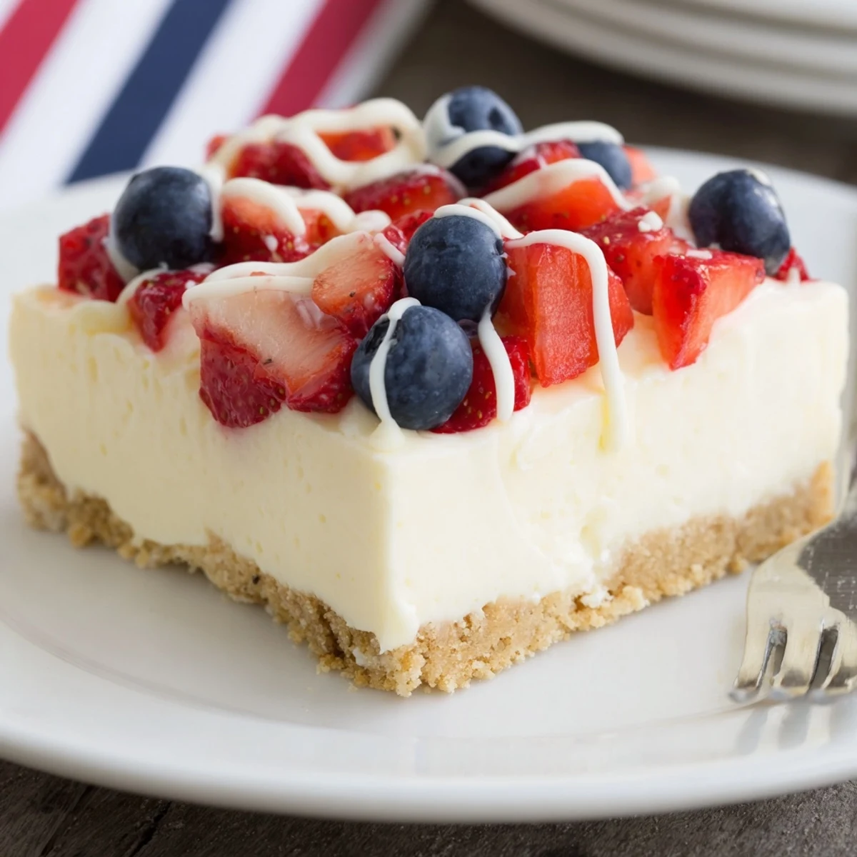 Chilled Patriotic Cheesecake Bars sliced into squares, topped with white chocolate drizzle.