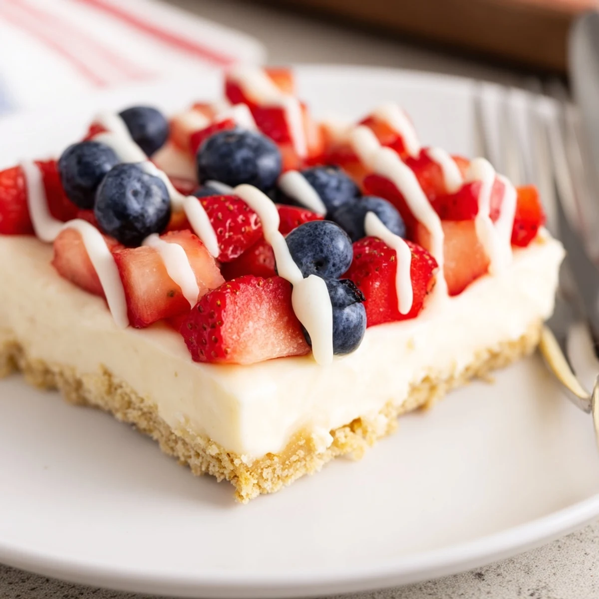 Close up of Patriotic Cheesecake Bars showing creamy filling and bright berries.