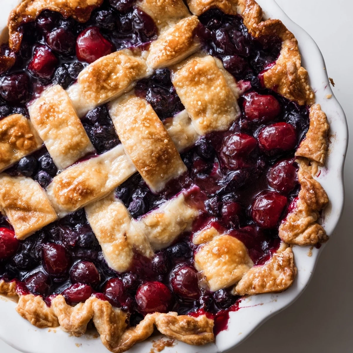 Cherry And Blueberry Pie with bubbling red and blue filling, golden crust.