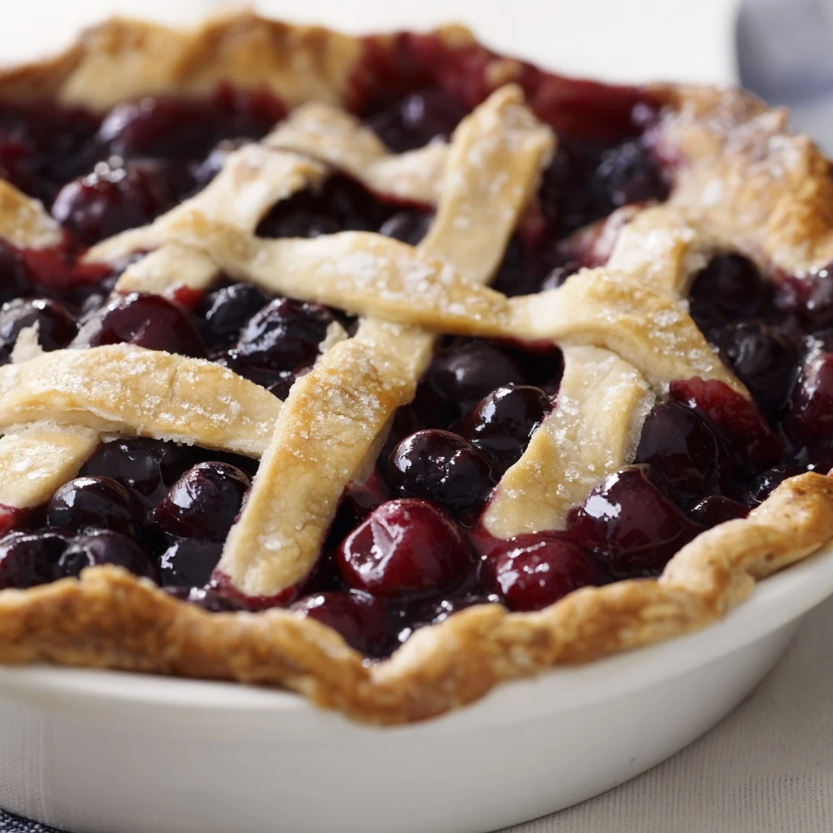 Slice of Cherry And Blueberry Pie steaming slightly, served with vanilla ice cream.