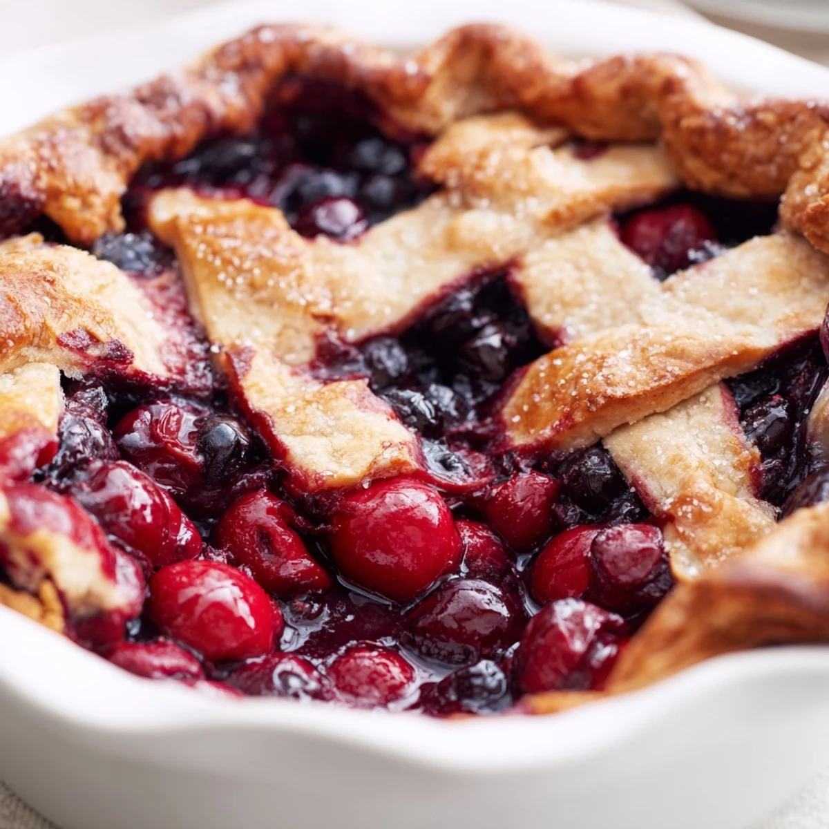 Homemade Cherry And Blueberry Pie on wooden board, sugared crust sparkling.