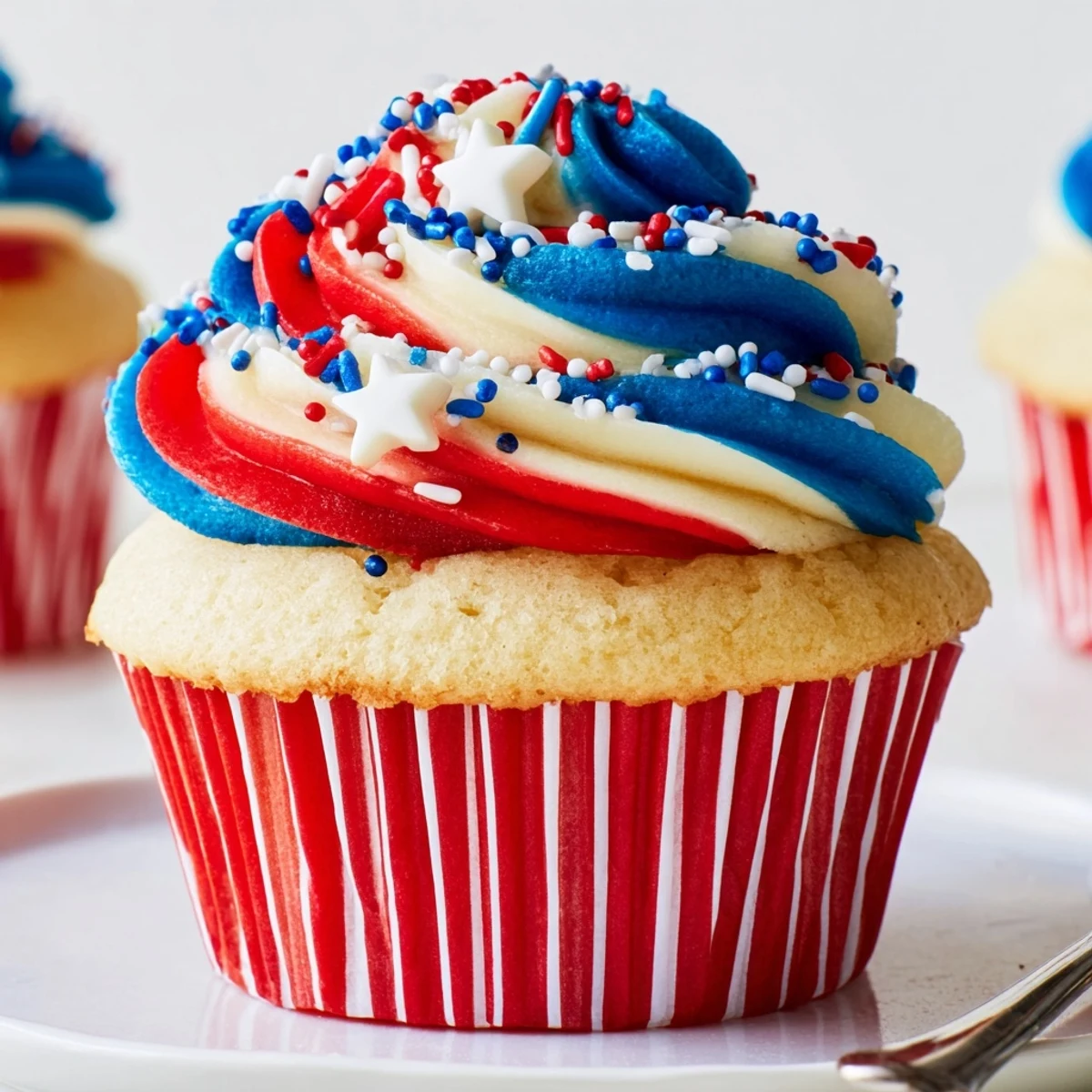 Patriotic Firework Cupcakes with fluffy vanilla cake and vivid red, white, blue swirls