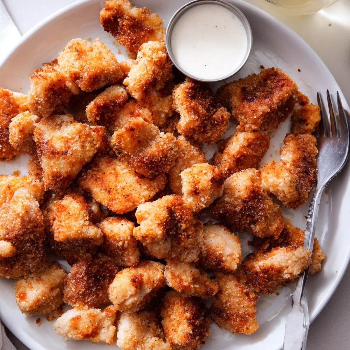 Buttermilk-marinated Chicken Bites served with ranch, glistening and tender inside.