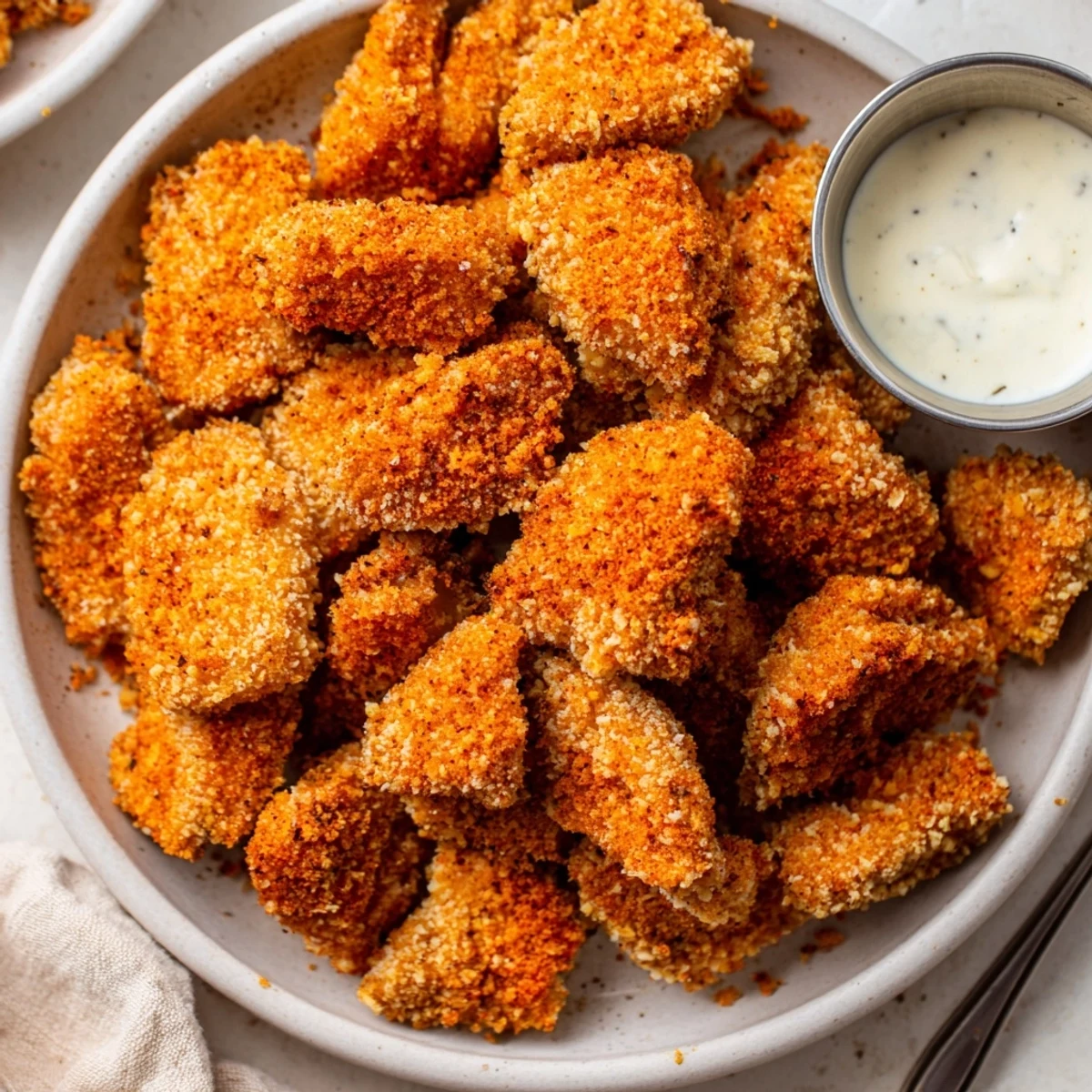 Golden-fried Chicken Bites arranged on platter alongside honey mustard for dipping.
