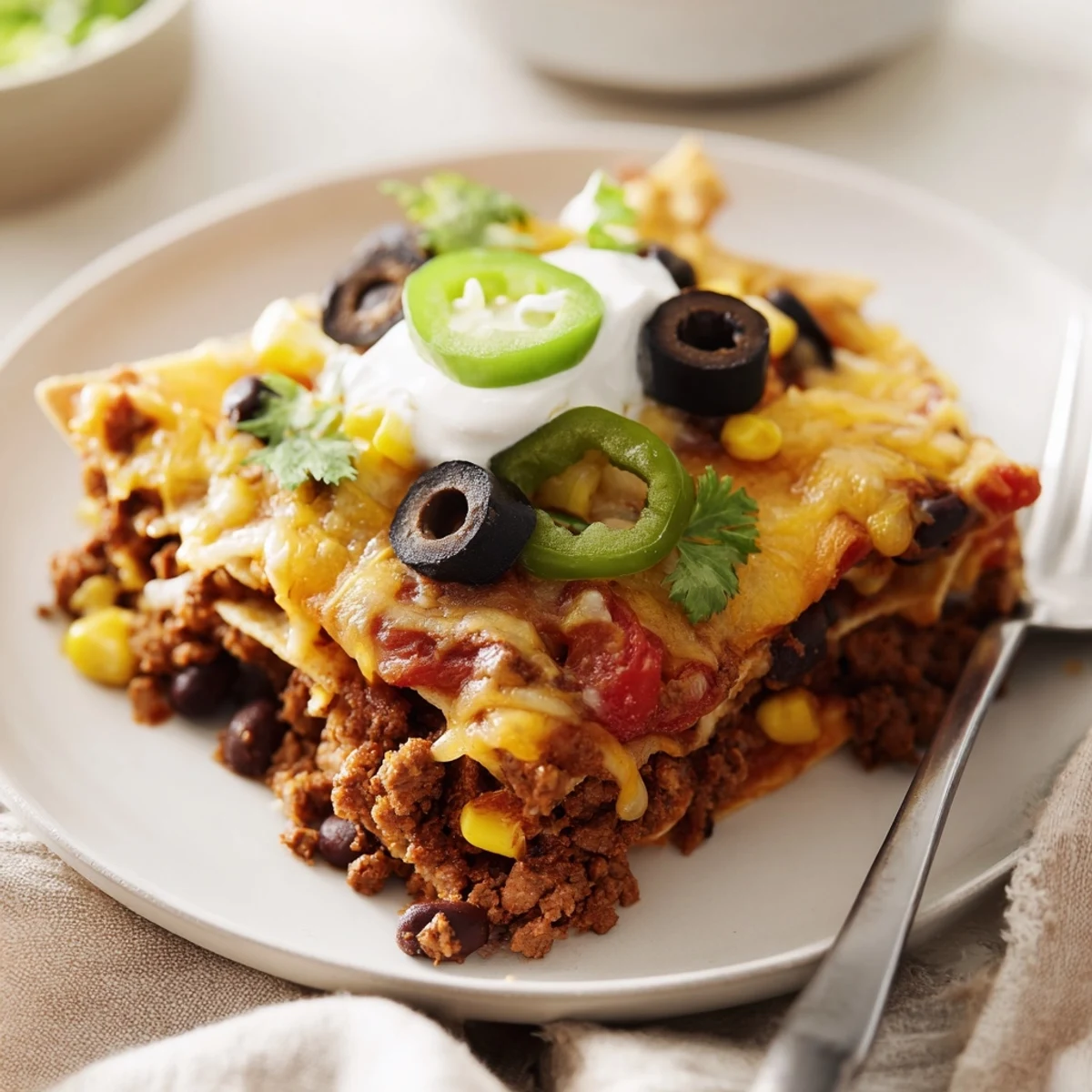 Cheesy Nacho Casserole bubbling golden, layers of seasoned beef, crunchy chips, melted cheddar
