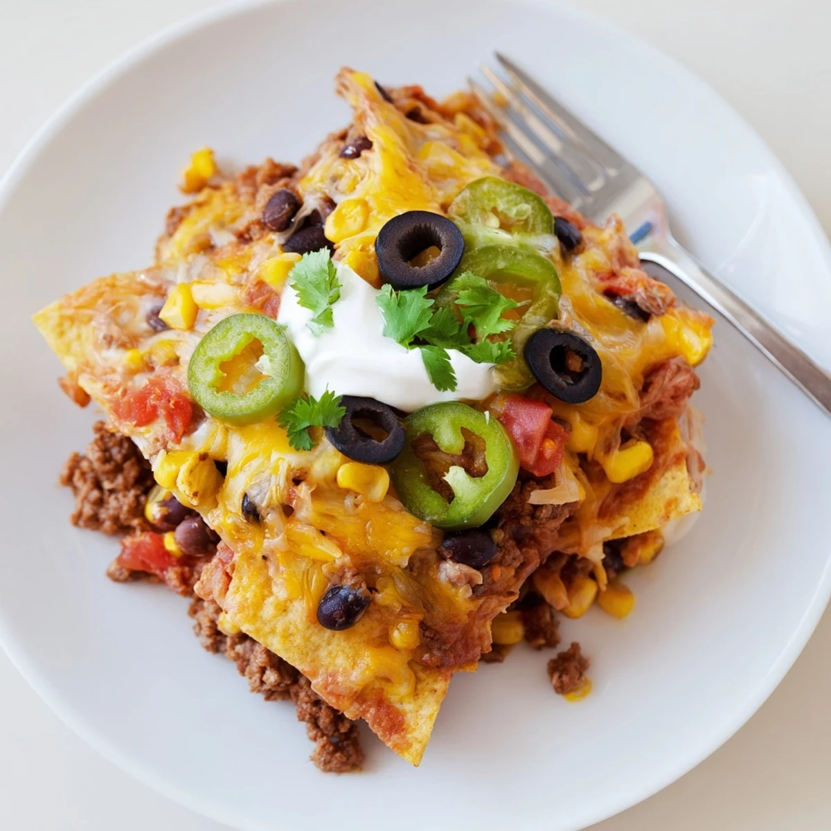 Family-style Cheesy Nacho Casserole served hot with sour cream, cilantro, and salsa sides