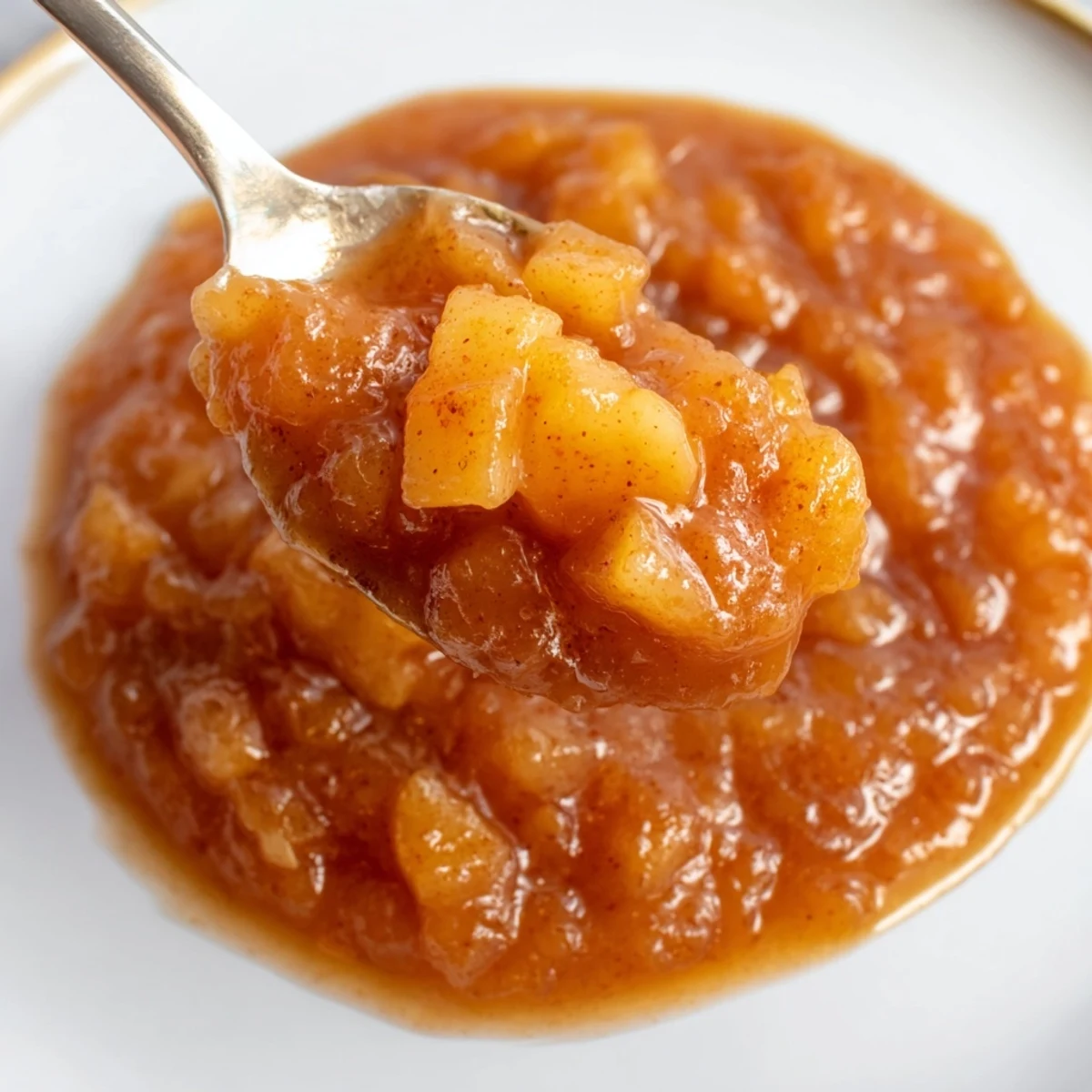Silver spoon digging into Fall Caramel Apple Jam, chunky apples, buttery sweetness.