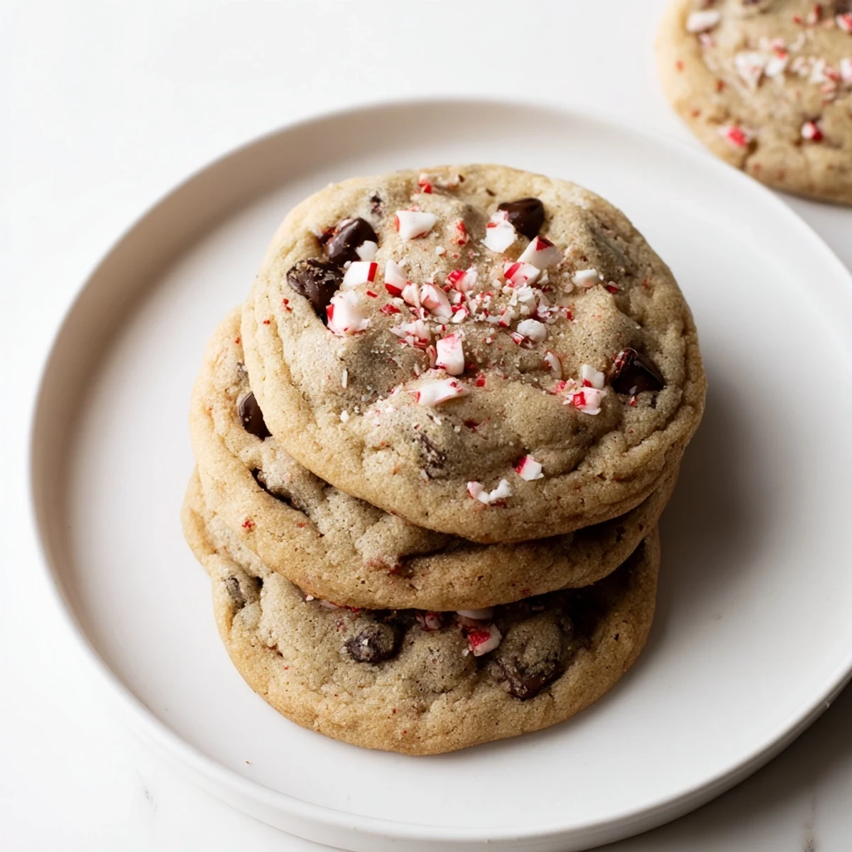 Peppermint Chocolate Chip Cookies cooling on rack, glossy chips and crushed peppermint