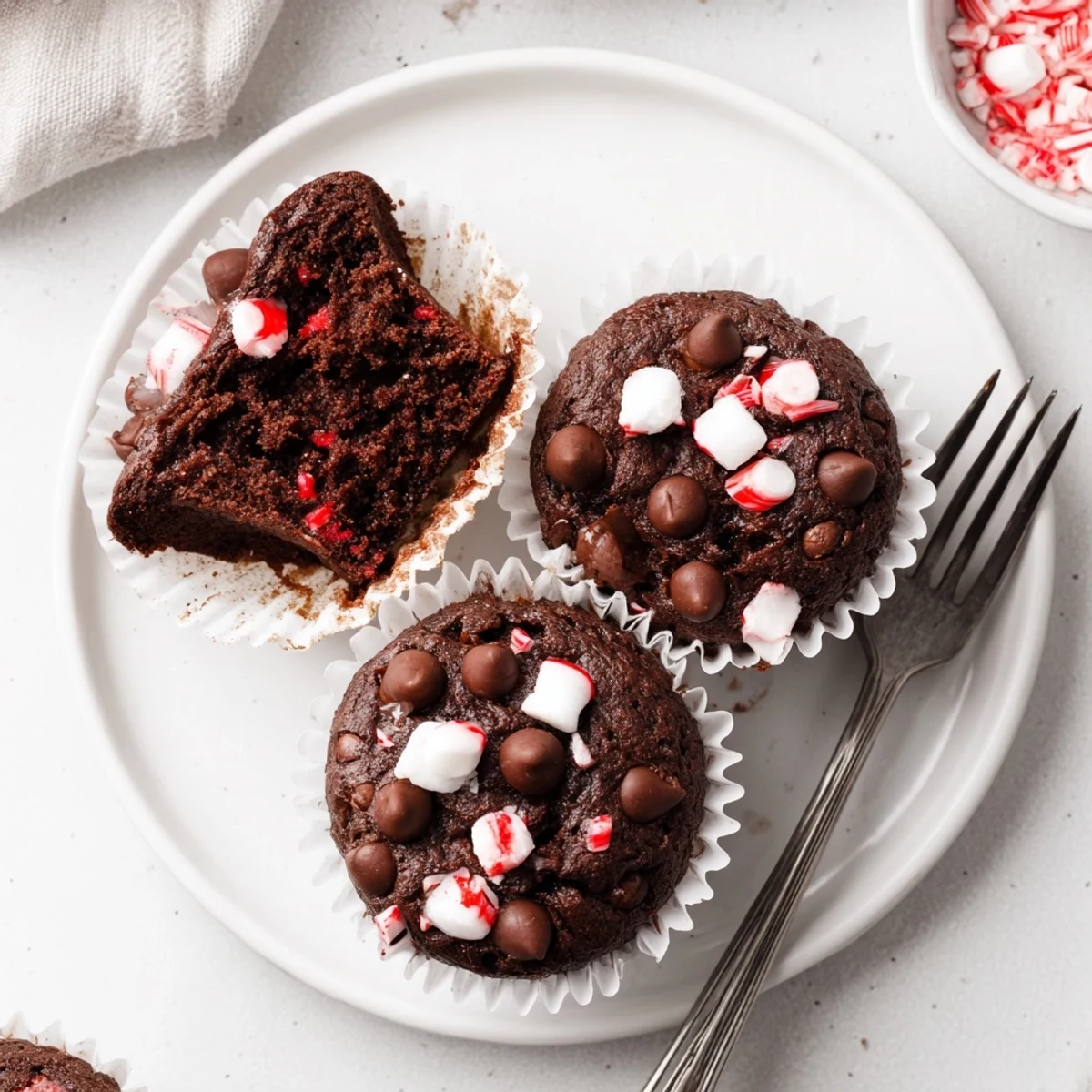 Freshly baked Peppermint Hot Chocolate Muffins cooling on a wire rack, steam rising