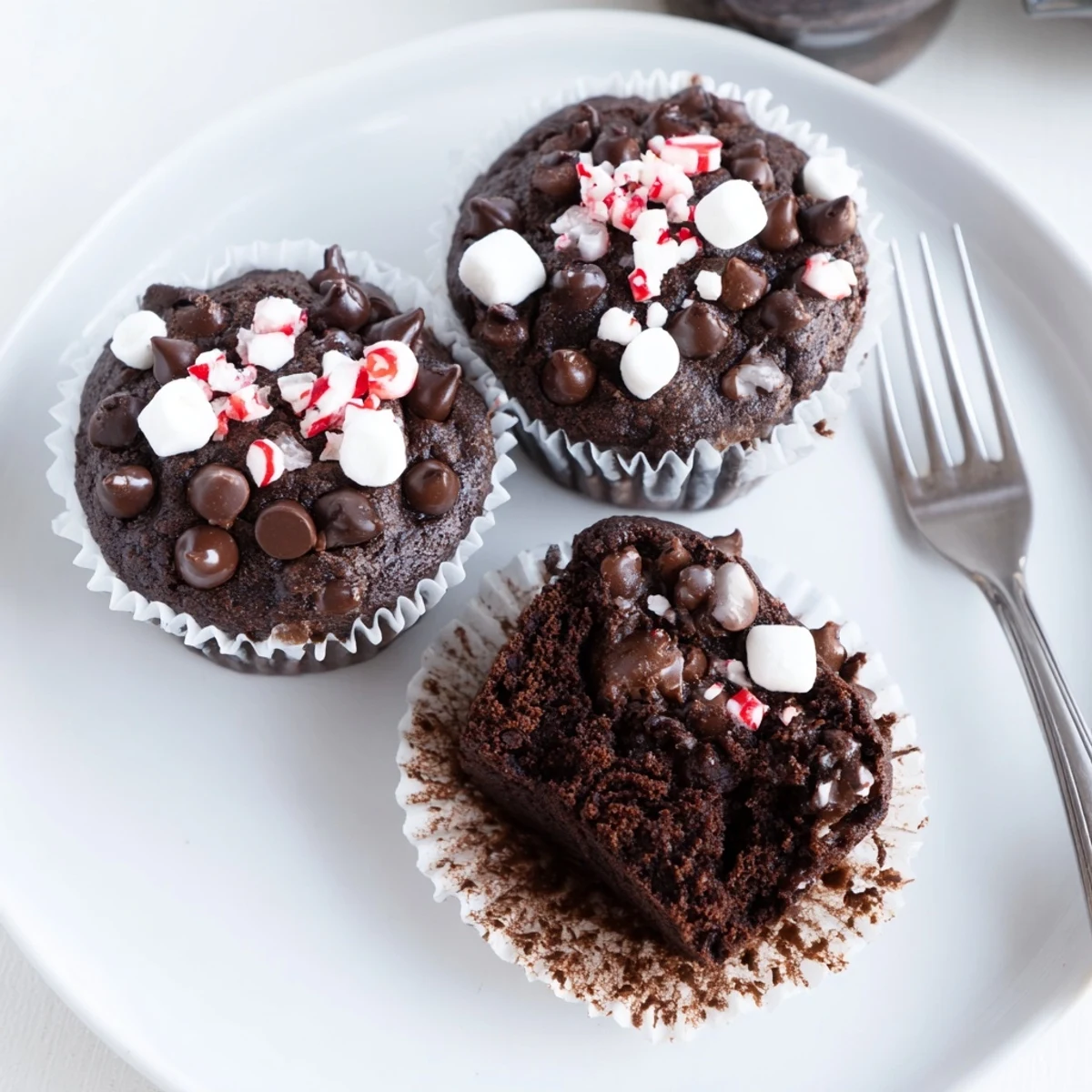 Warm Peppermint Hot Chocolate Muffins topped with marshmallows and whipped cream swirl