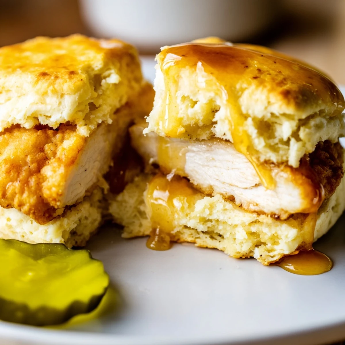 Hot Honey Chicken Biscuits with crispy fried chicken and sticky honey drizzle