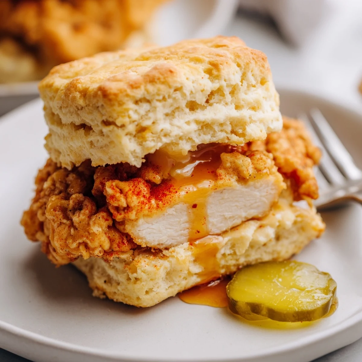 Warm Hot Honey Chicken Biscuits split open to reveal juicy chicken and pickles
