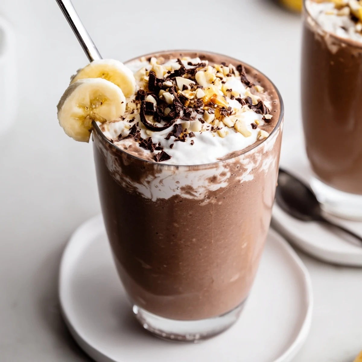 Chocolate Peanut Butter Smoothie in tall glass, silky texture, peanut butter drizzle