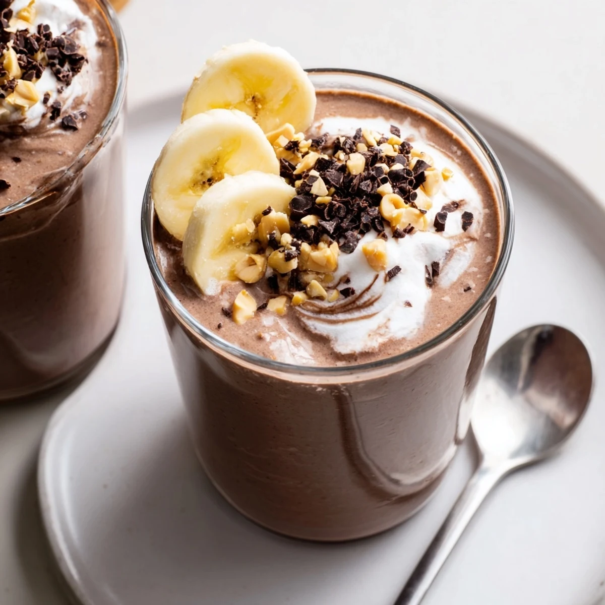 Chocolate Peanut Butter Smoothie topped with whipped cream and chocolate shavings