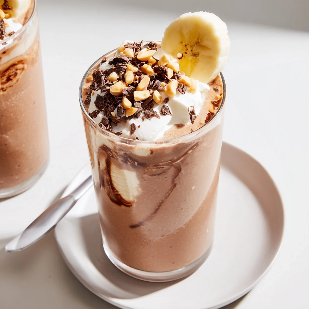 Chocolate Peanut Butter Smoothie poured from blender into two chilled glasses, frothy
